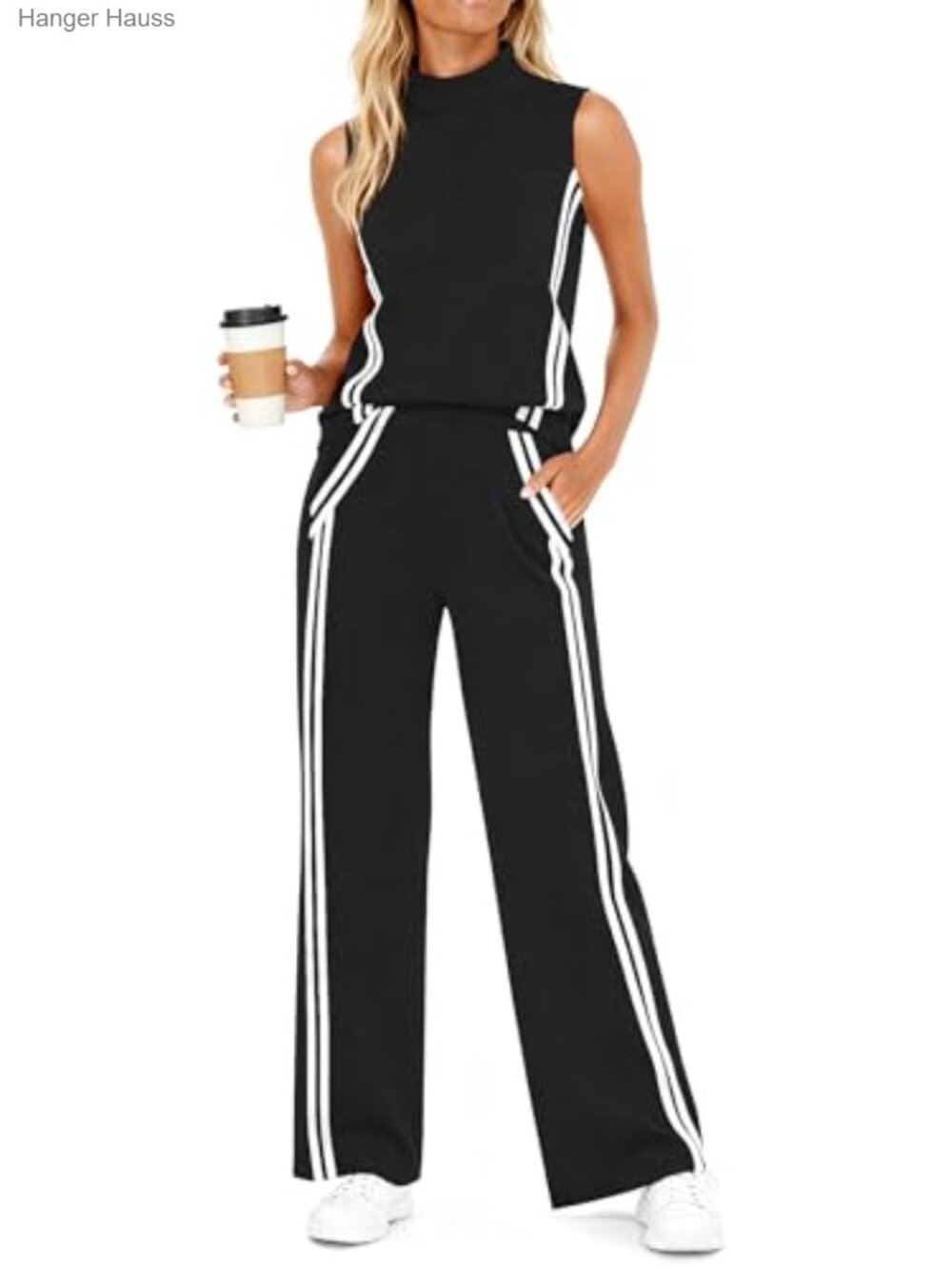 2 Piece Lounge Set Striped Sweatsuit Mock Neck Tank Top Wide Leg Pants